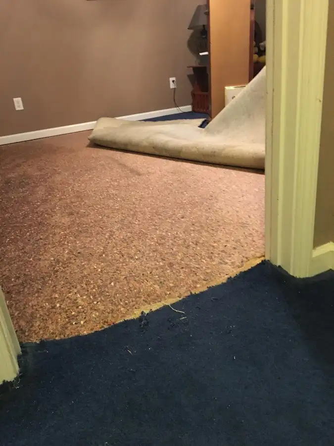 Carpet pad removal revealing water damage during Water Mitigation Services in Palo Alto